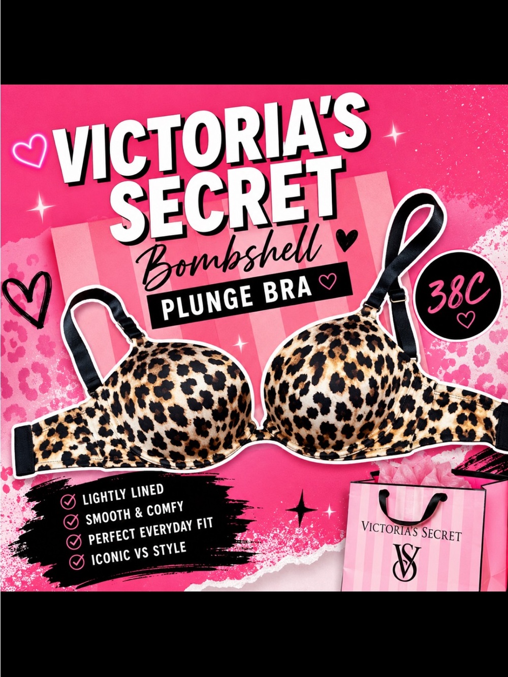 Victoria’s Secret Leopard Print Lightly Lined Demi Bra 38C T-Shirt Bra